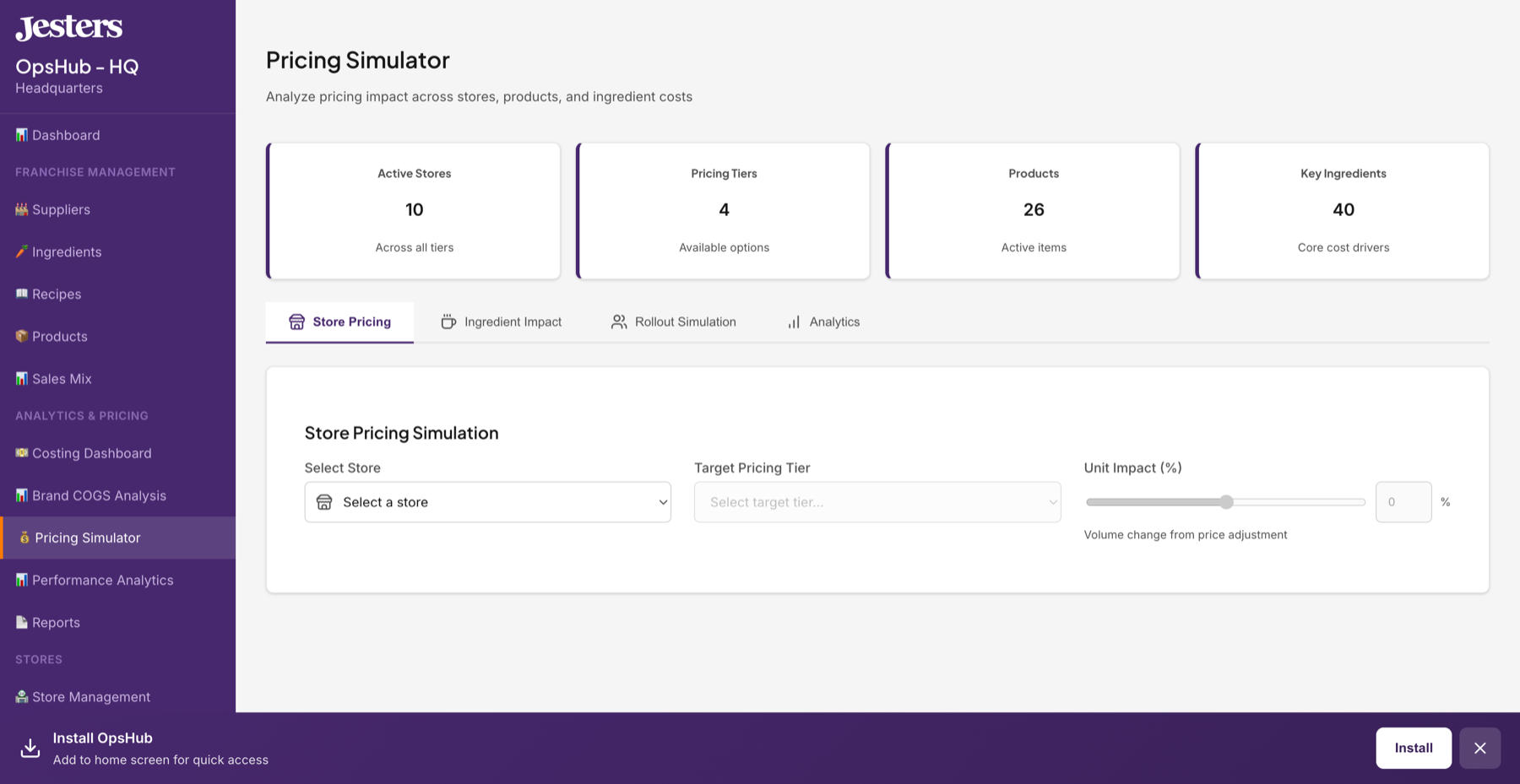 Pricing Simulator with store pricing simulation controls