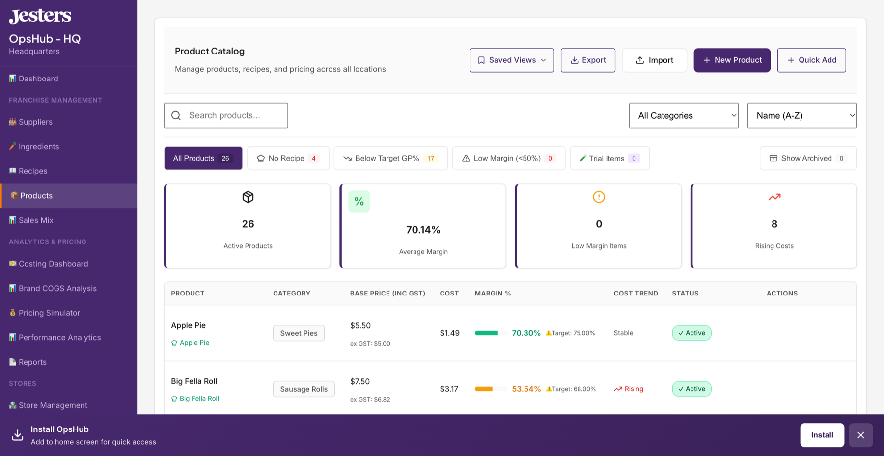 Product Catalog with margins, costs, and category management